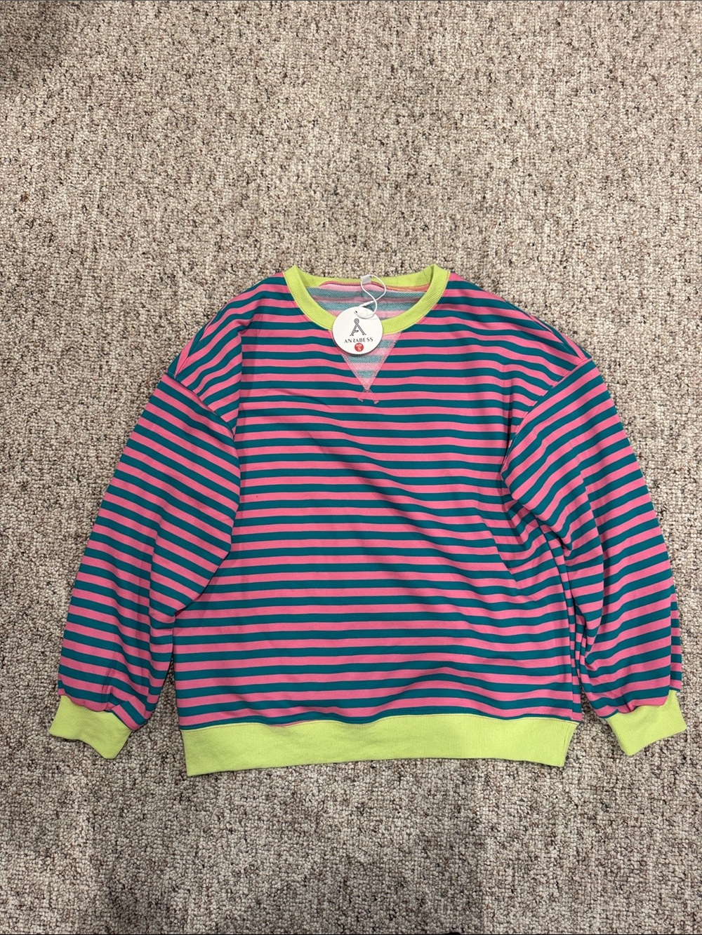 Striped Crewneck Sweater in Pink and Teal with Lime Trim